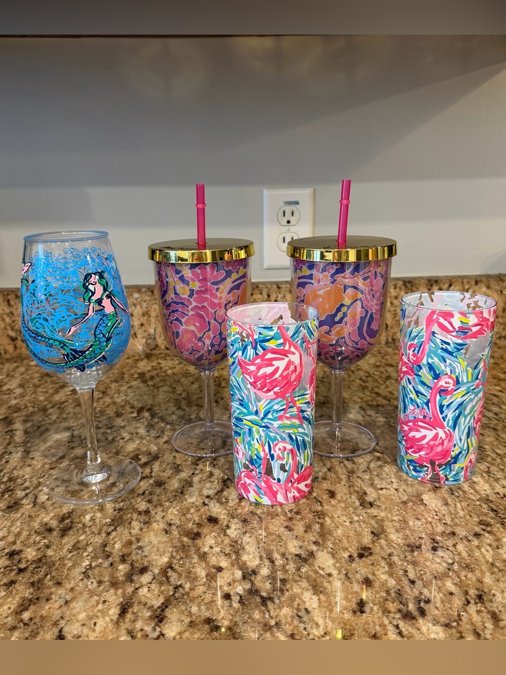 Lot of 5 Lilly Pulitzer Plastic Mermaid Flamingo Wine Cup Tumbler Coastal Pool
